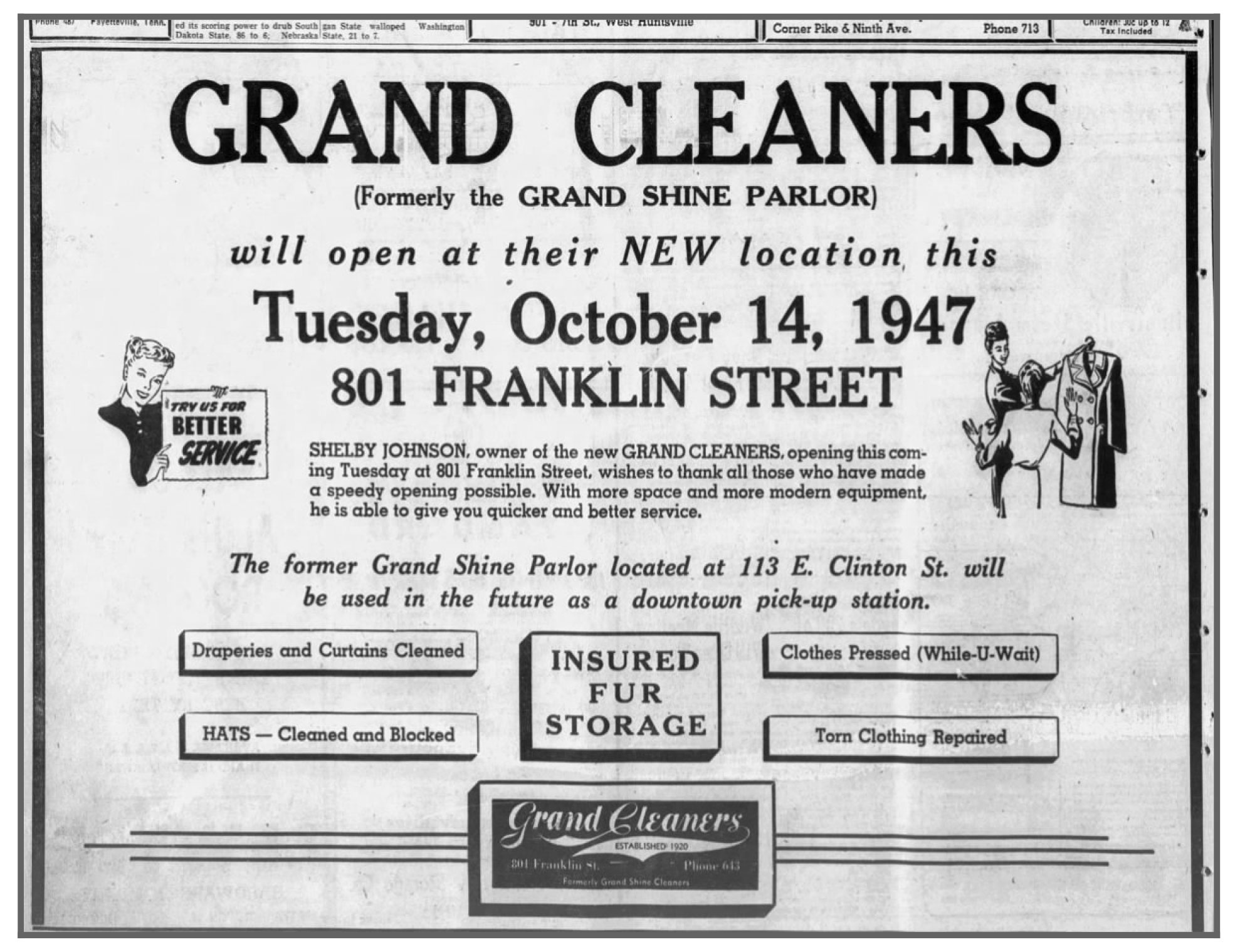 The newspaper ad announcing the opening of Grand Cleaners at 801 Franklin Street.