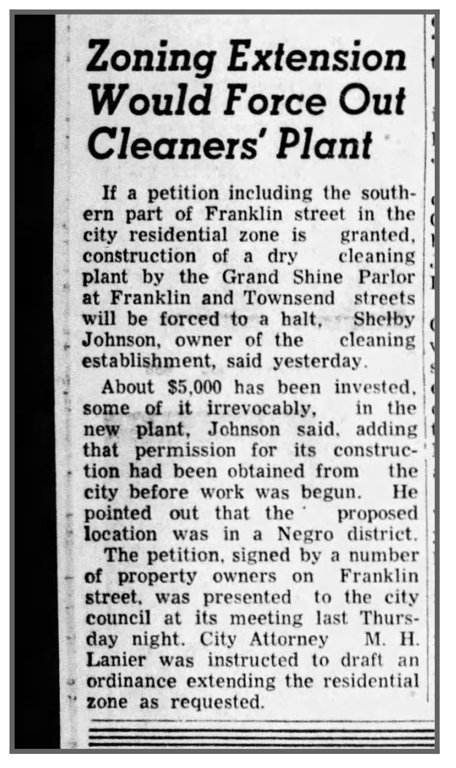 City of Huntsville halts construction of Grand Cleaners in October 1945.