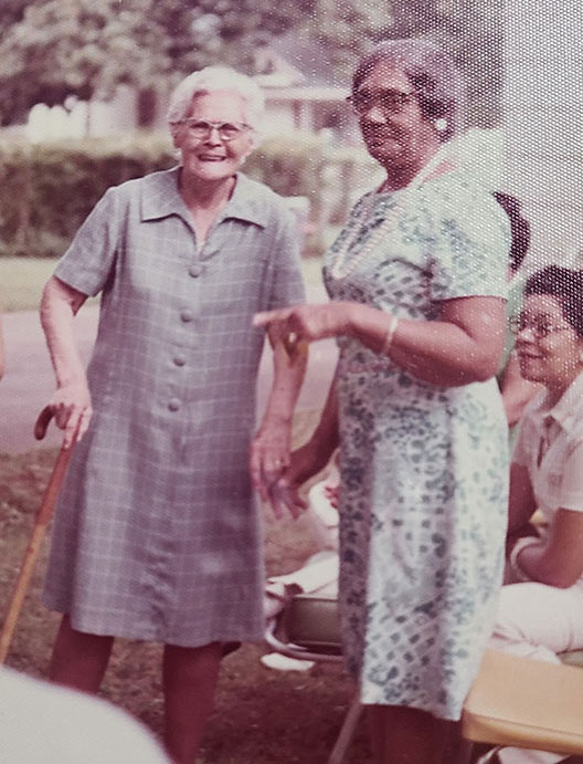 Lou Bertha Johnson, right, in the garden of India Herndon, left. Both Mrs. Johnson and Mrs. Herndon were two of six Black women who registered to vote in 1920, the only Black women allowed to register that year. Historic Huntsville Foundation dedicated a marker in their honor in October 2021.