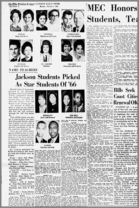 Army Daniel, Jr., was nominated for a STAR teaching award in 1966 while teaching at Jim Hill High School in Jackson, MS. Each student selected as “STAR student” was “asked to